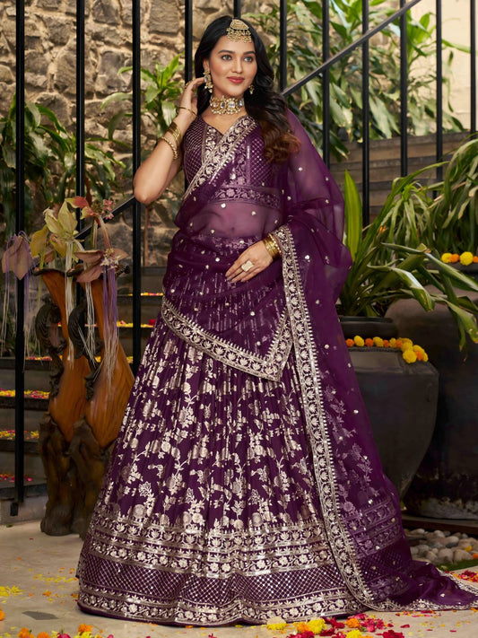 Purple Zari Woven Silk Jacquard Lehenga Choli with Dupatta for Bridesmaids & Parties