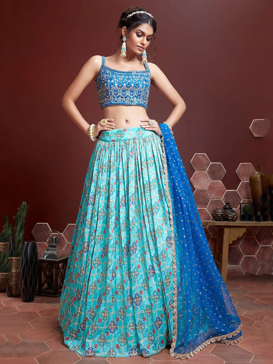 Turquoise Blue Printed Lehenga with Royal Blue Dupatta