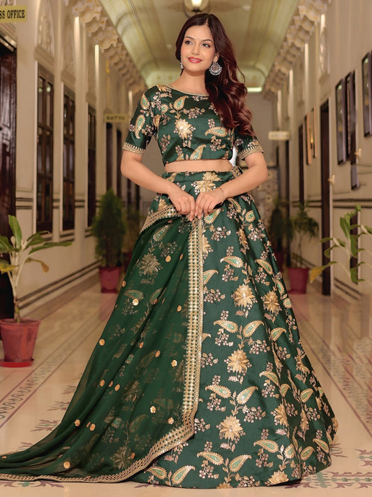 Dark Green Silk Embroidered Lehenga Choli with Dupatta for Wedding & Party Wear
