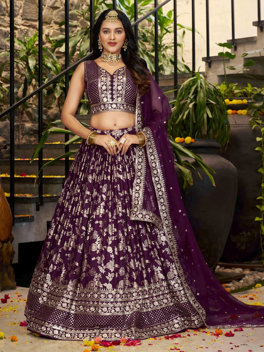 Purple Zari Woven Silk Jacquard Lehenga Choli with Dupatta for Bridesmaids & Parties