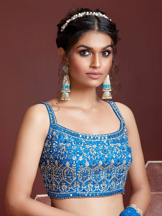 Turquoise Blue Printed Lehenga with Royal Blue Dupatta