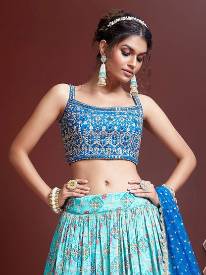 Turquoise Blue Printed Lehenga with Royal Blue Dupatta