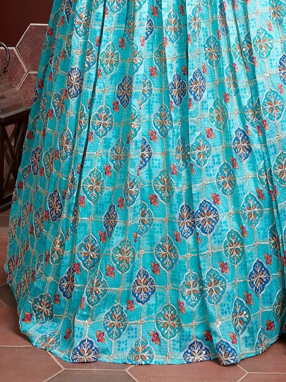 Turquoise Blue Printed Lehenga with Royal Blue Dupatta