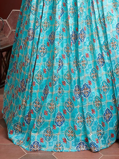 Turquoise Blue Printed Lehenga with Royal Blue Dupatta
