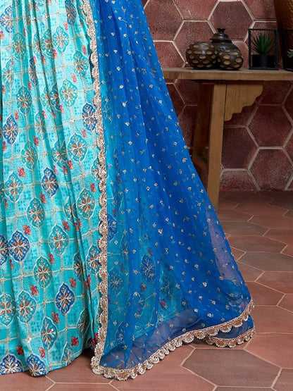 Turquoise Blue Printed Lehenga with Royal Blue Dupatta