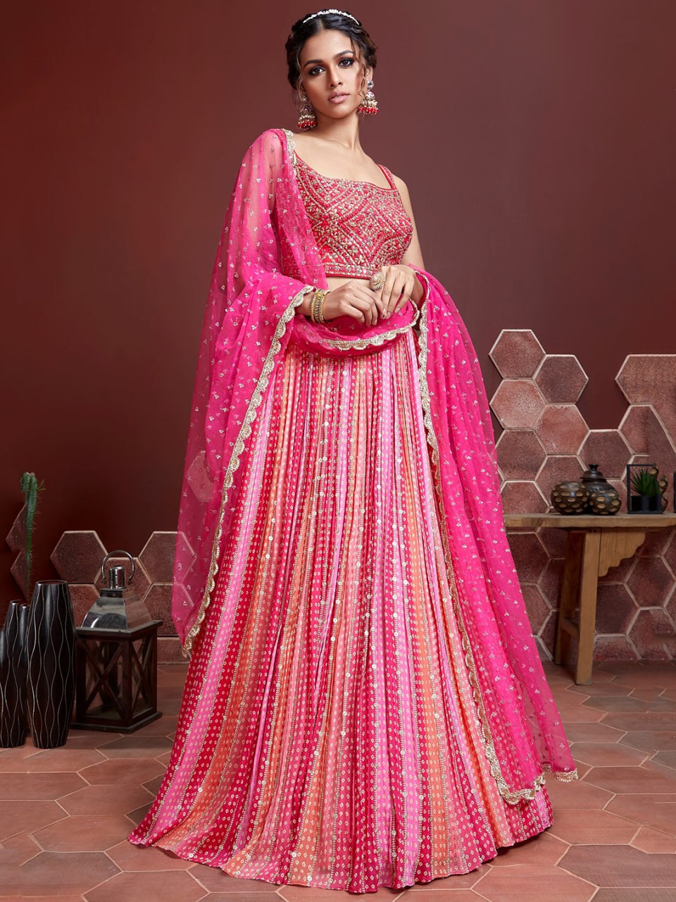Rani Pink Bandhani Print Wedding Lehenga with Heavy Mirror Work Blouse & Net Dupatta