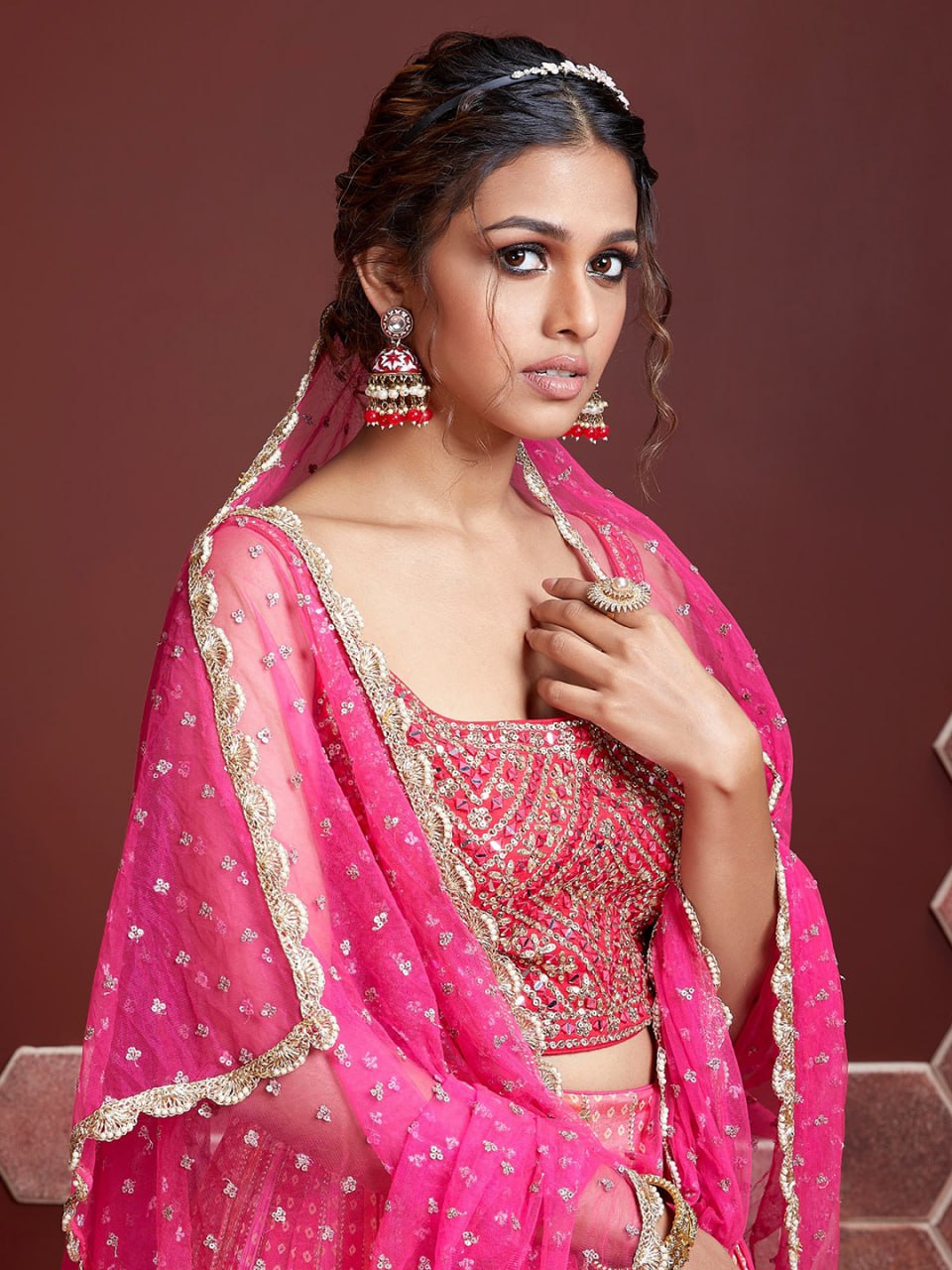 Rani Pink Bandhani Print Wedding Lehenga with Heavy Mirror Work Blouse & Net Dupatta