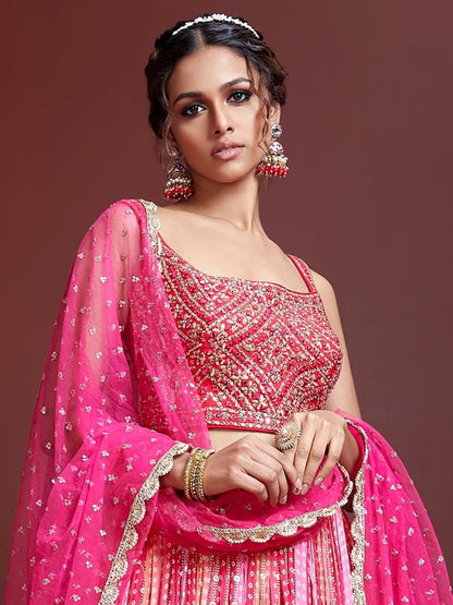 Rani Pink Bandhani Print Wedding Lehenga with Heavy Mirror Work Blouse & Net Dupatta