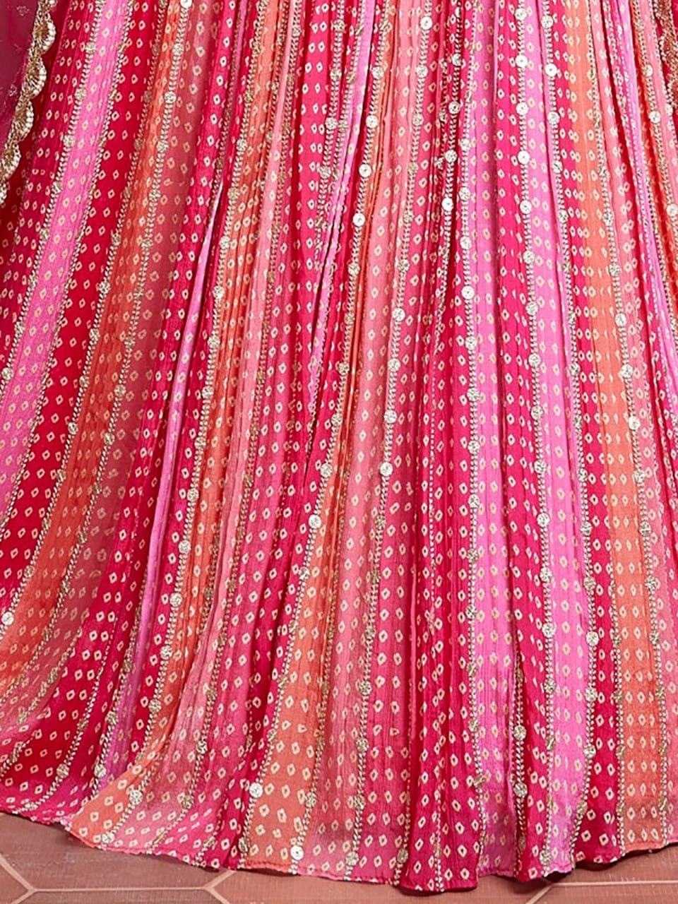 Rani Pink Bandhani Print Wedding Lehenga with Heavy Mirror Work Blouse & Net Dupatta