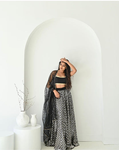Designer Black & Silver Partywear Lehenga with Net Dupatta