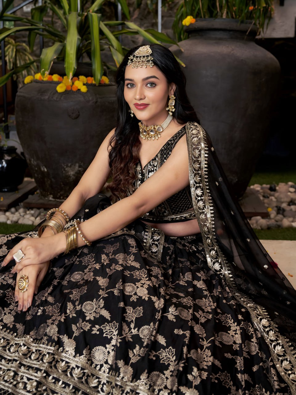 Black Dola Silk Jacquard Lehenga Choli with Dupatta