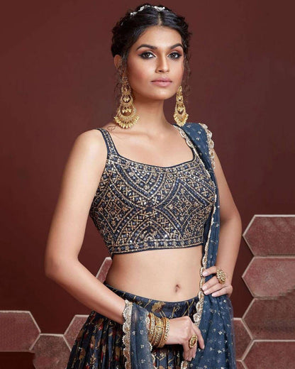 Navy Blue Mirror Work blouse with Printed lehenga