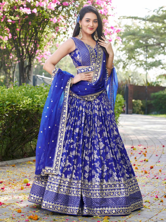 Royal Blue Zari Woven Silk Jacquard Lehenga Choli with Dupatta for Bridesmaids & Parties