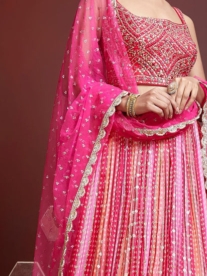 Rani Pink Bandhani Print Wedding Lehenga with Heavy Mirror Work Blouse & Net Dupatta