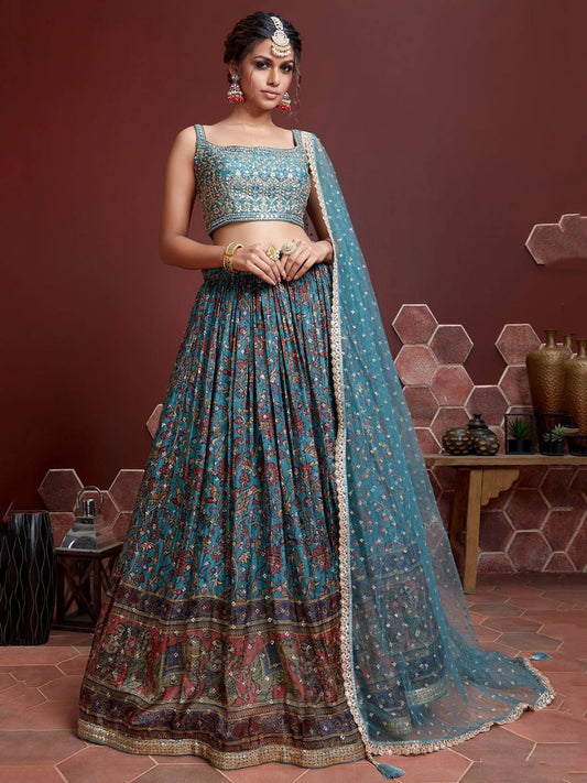 Teal Blue Embroidered Wedding Lehenga with Net Dupatta