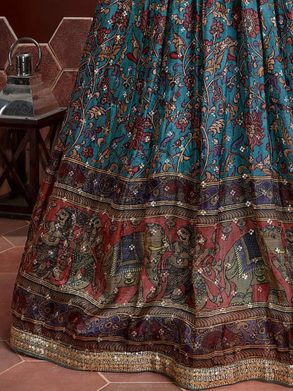 Teal Blue Embroidered Wedding Lehenga with Net Dupatta