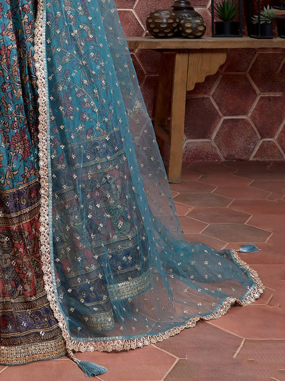 Teal Blue Embroidered Wedding Lehenga with Net Dupatta