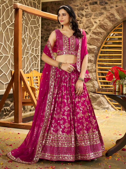 Rani Pink Woven Silk Jacquard Lehenga Choli with Dupatta for Bridesmaids & Parties