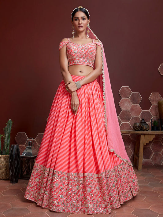 Coral Pink Wedding Lehenga with Sequin Embroidery & Net Dupatta