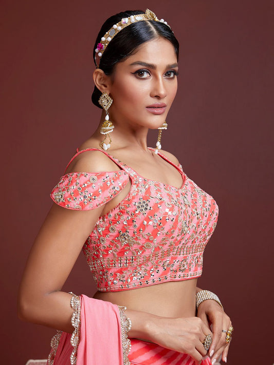 Coral Pink Wedding Lehenga with Sequin Embroidery & Net Dupatta