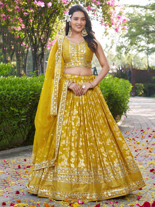 Elegant Yellow Silk Jacquard Lehenga Choli with Dupatta for Bridesmaids & Parties