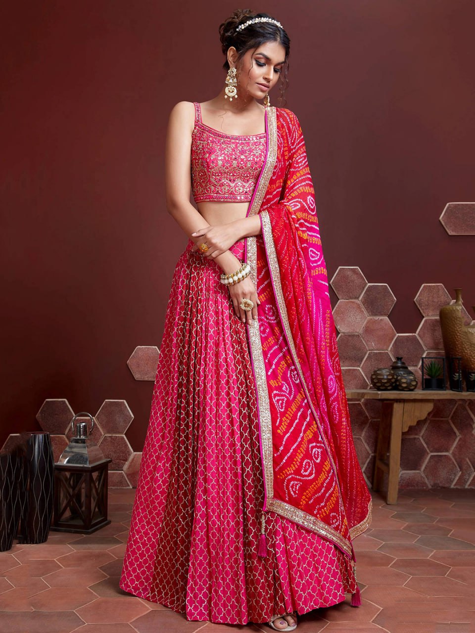 Pink Bandhani Print Lehenga with Mirror Work Blouse