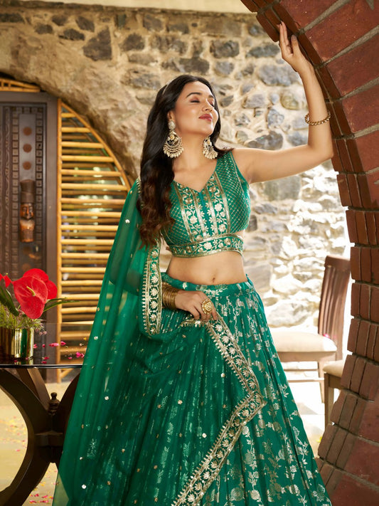 Rama Green Woven Silk Jacquard Lehenga Choli with Dupatta for Bridesmaids & Parties