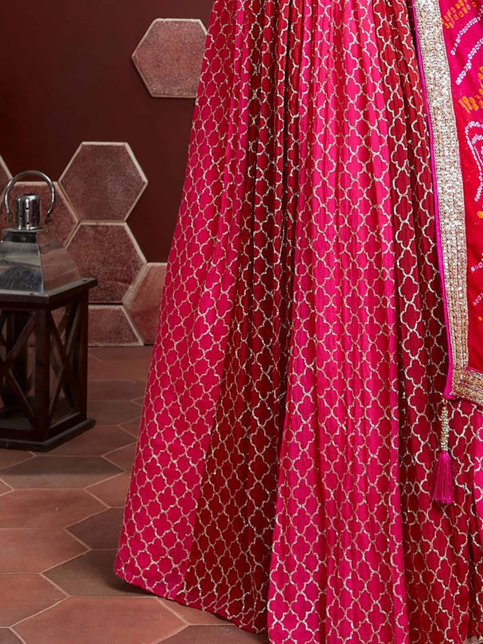 Pink Bandhani Print Lehenga with Mirror Work Blouse
