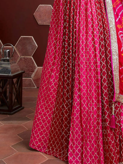Pink Bandhani Print Lehenga with Mirror Work Blouse