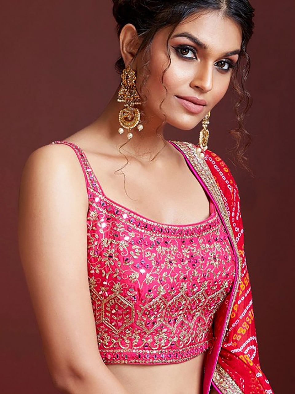 Pink Bandhani Print Lehenga with Mirror Work Blouse