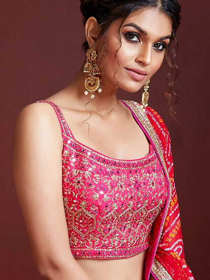 Pink Bandhani Print Lehenga with Mirror Work Blouse