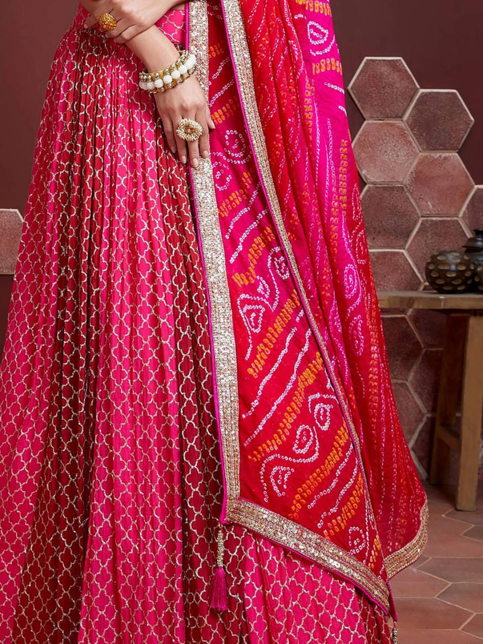 Pink Bandhani Print Lehenga with Mirror Work Blouse