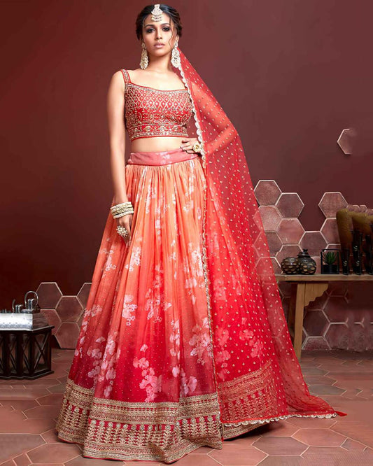Red Orange Ombre Floral Lehenga with Embroidered Blouse