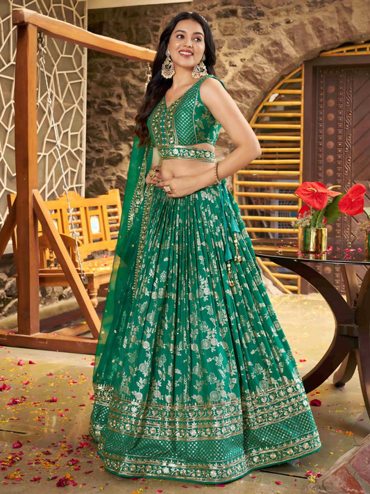 Rama Green Woven Silk Jacquard Lehenga Choli with Dupatta for Bridesmaids & Parties