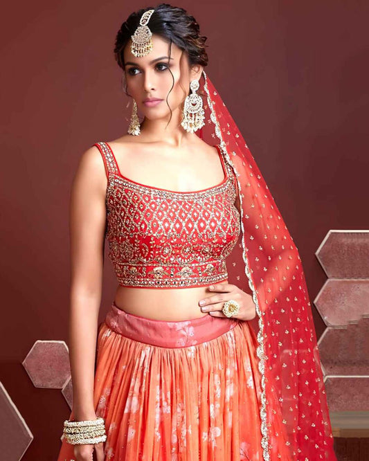 Red Orange Ombre Floral Lehenga with Embroidered Blouse