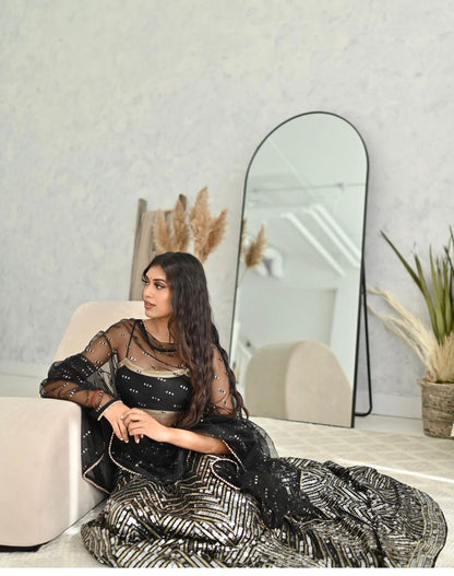Designer Black & Silver Partywear Lehenga with Net Dupatta