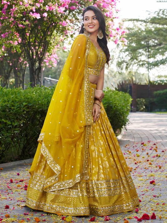 Elegant Yellow Silk Jacquard Lehenga Choli with Dupatta for Bridesmaids & Parties