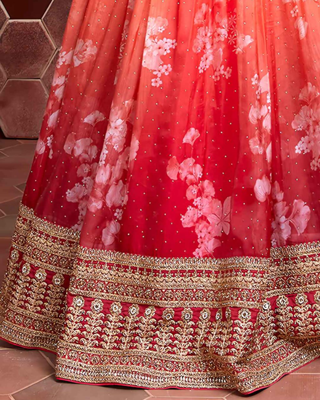 Red Orange Ombre Floral Lehenga with Embroidered Blouse