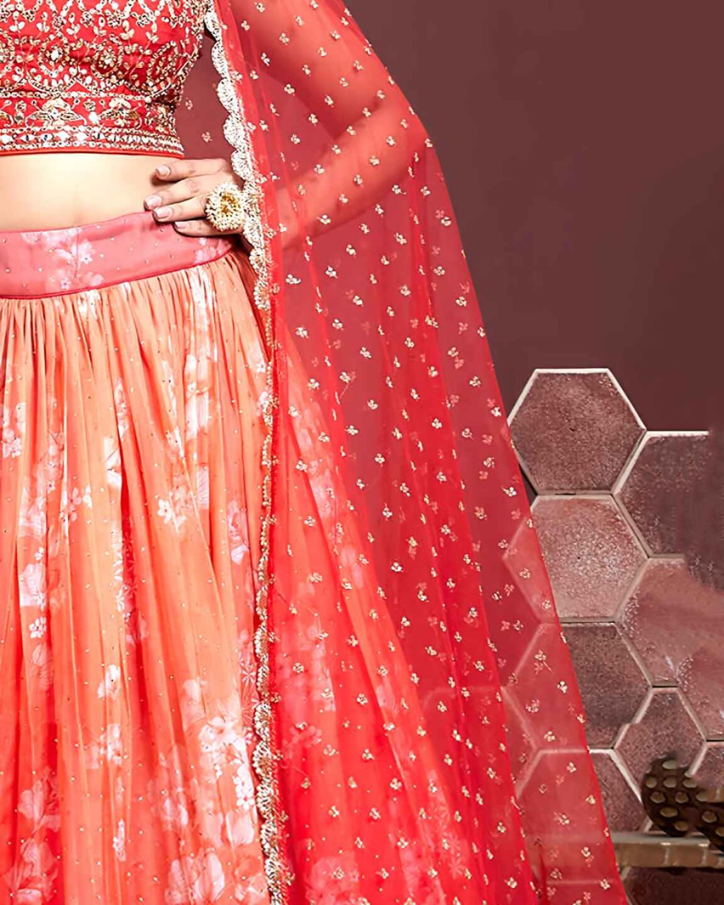 Red Orange Ombre Floral Lehenga with Embroidered Blouse