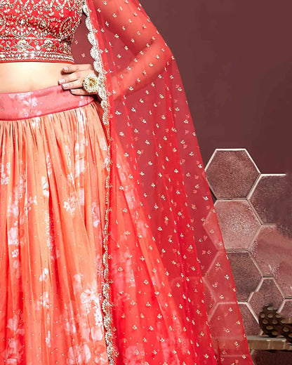 Red Orange Ombre Floral Lehenga with Embroidered Blouse