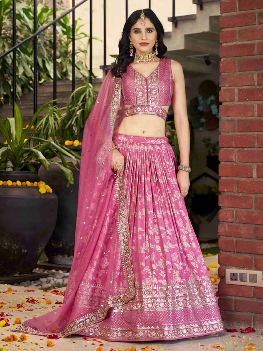 Pink Woven Silk Jacquard Lehenga Choli with Dupatta for Bridesmaids & Parties