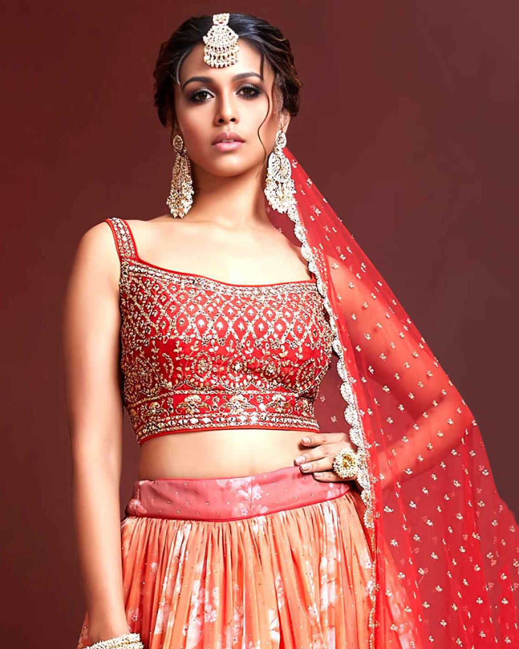 Red Orange Ombre Floral Lehenga with Embroidered Blouse