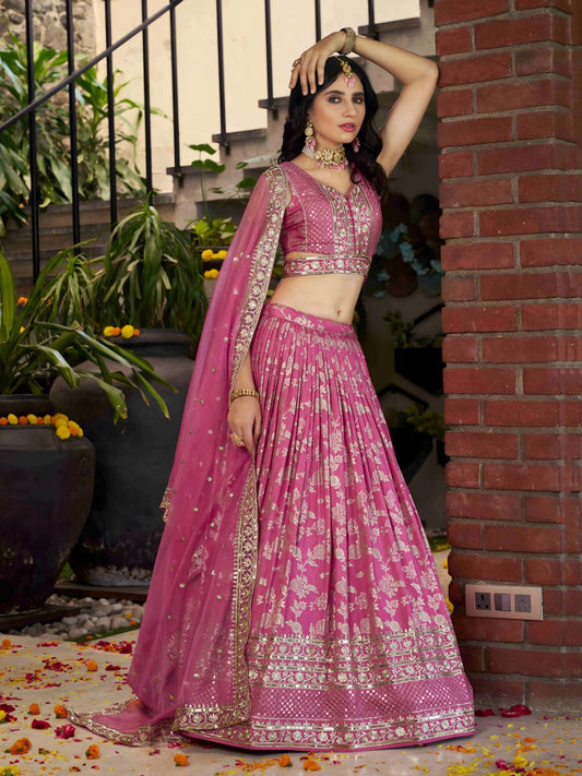Pink Woven Silk Jacquard Lehenga Choli with Dupatta for Bridesmaids & Parties