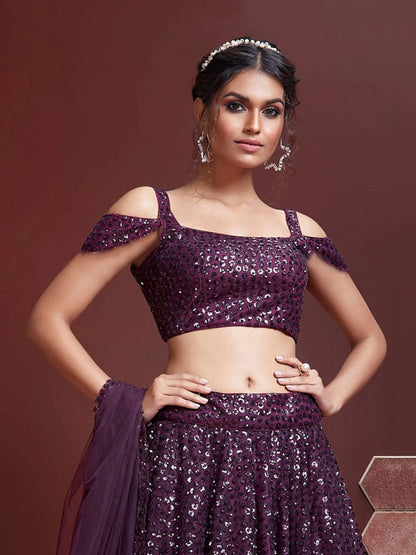 Purple Embroidery Net Party Wear Lehenga Choli