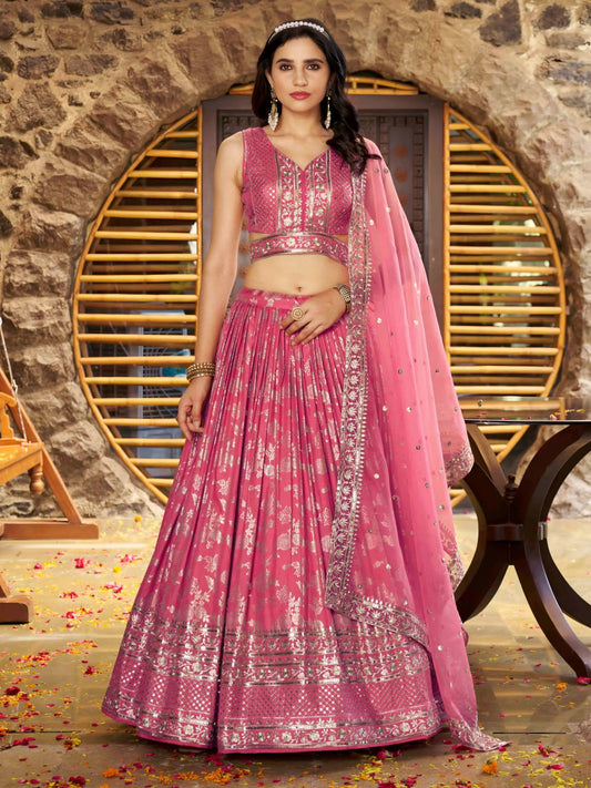 Peach Pink Woven Silk Jacquard Lehenga Choli with Dupatta for Bridesmaids & Parties