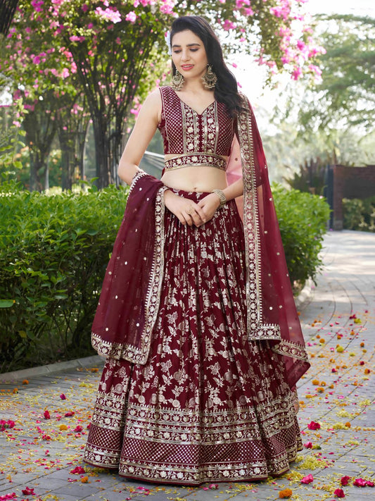 Maroon Woven Silk Jacquard Lehenga Choli with Dupatta for Bridesmaids & Parties