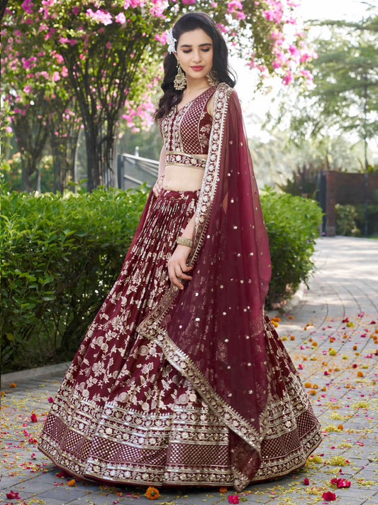 Maroon Woven Silk Jacquard Lehenga Choli with Dupatta for Bridesmaids & Parties