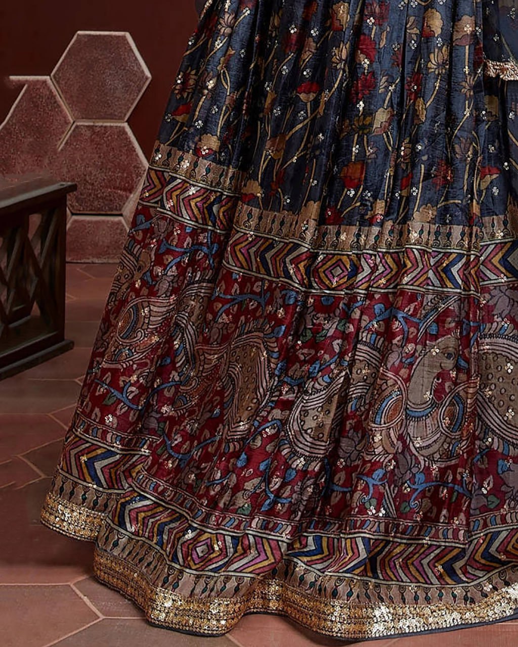 Navy Blue Mirror Work blouse with Printed lehenga