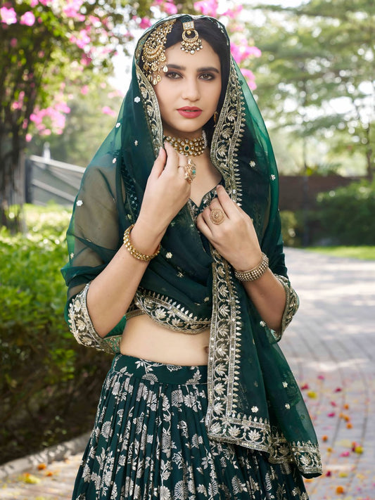 Dark Green Silk Jacquard Lehenga Choli for Bridesmaids and party wear