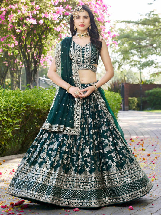 Dark Green Silk Jacquard Lehenga Choli for Bridesmaids and party wear
